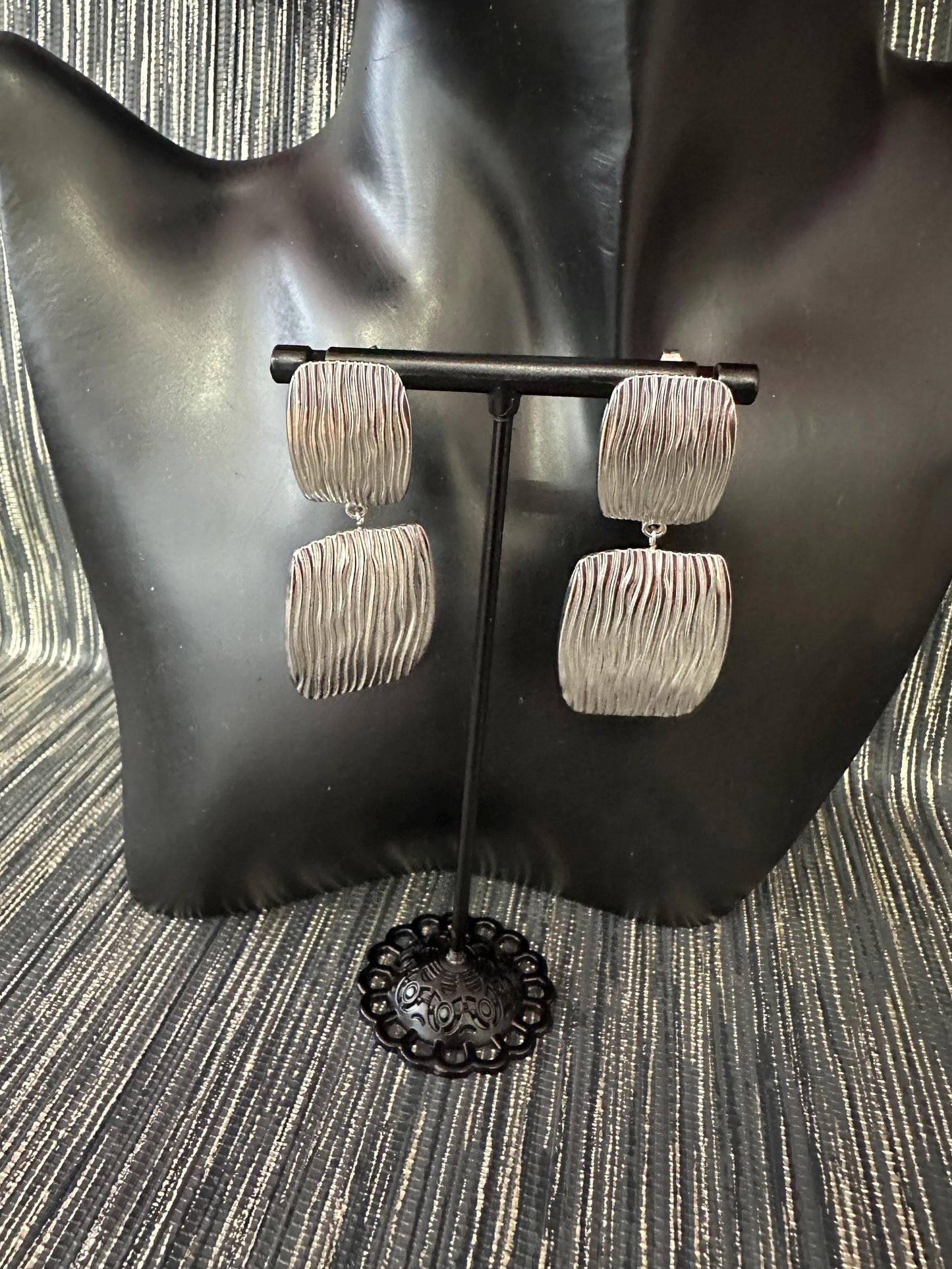 Silver Patterned tiered  earrings