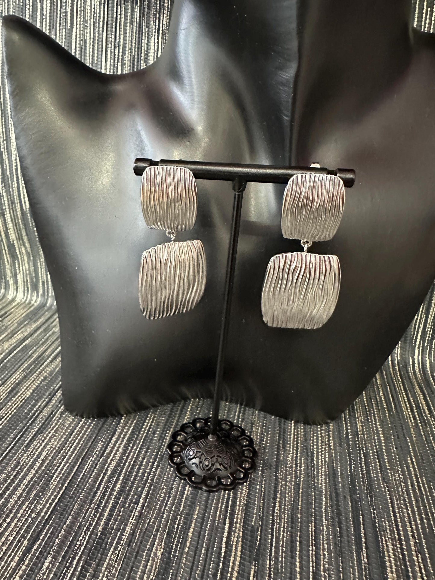 Silver Patterned tiered  earrings