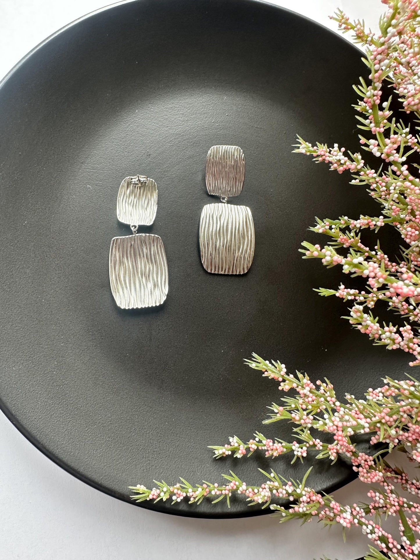 Silver Patterned tiered  earrings
